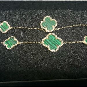 Malachite gold plated clover bracelet & necklace set 18 Inch & 7.5 Inch